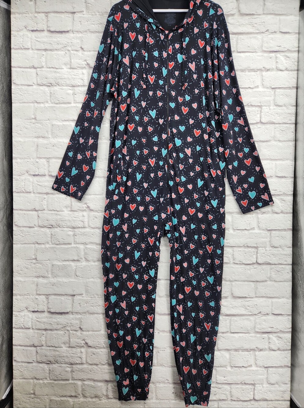 MeUndies Heart Print Hooded Zip Front One Piece Lounge Jumpsuit XL 2XL Cozy